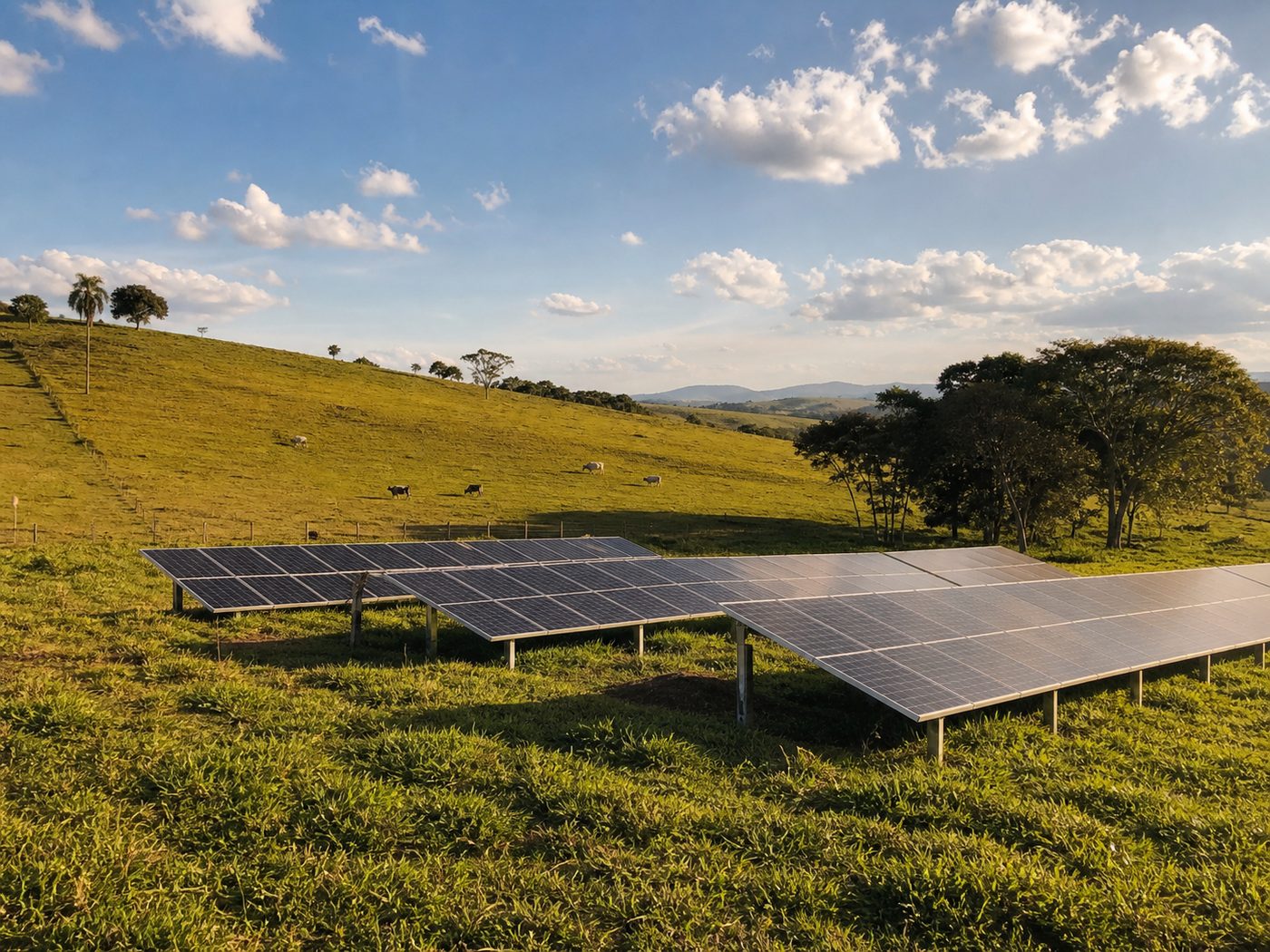 Sistema fotovoltaico instalado em pastagem rural